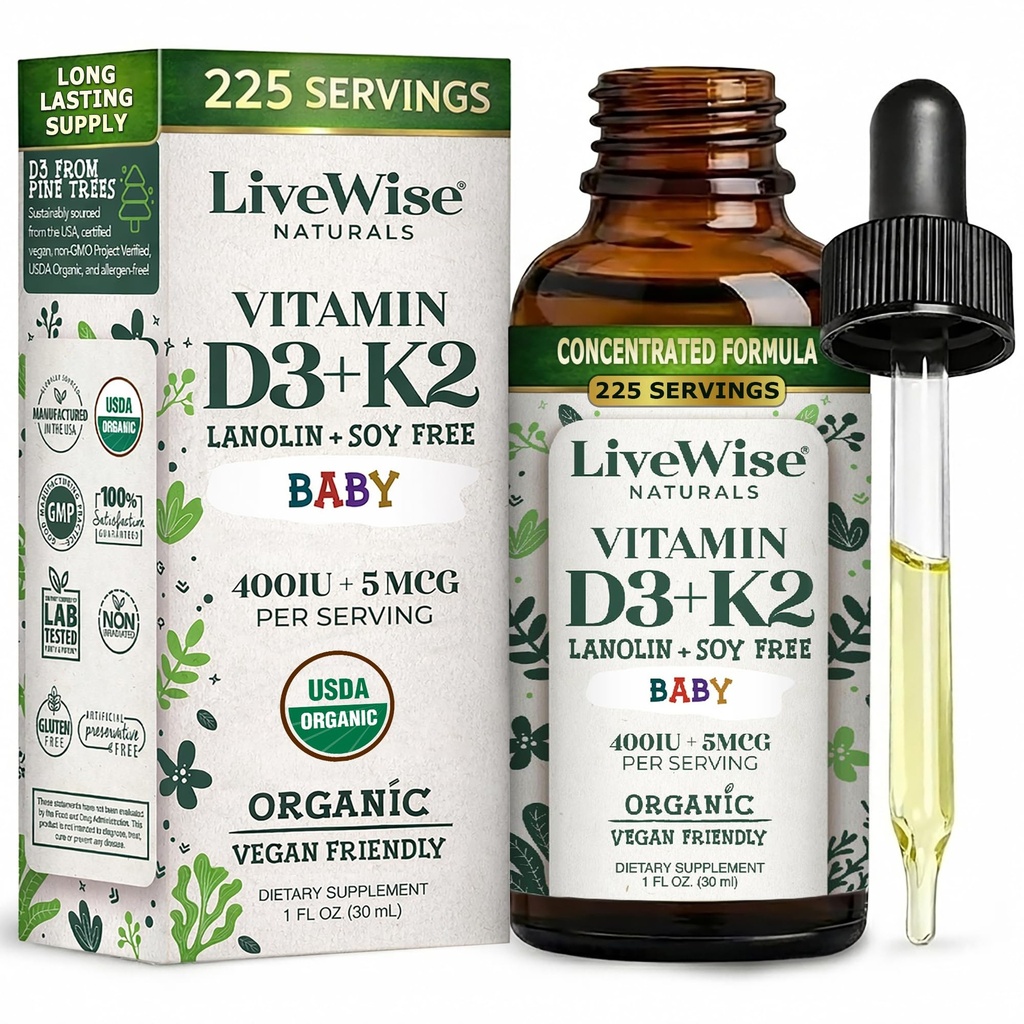 LiveWise Naturals Baby Vitamin D3-K2 Liquid Supplement, Vitamin Drops für Kleinkinder und Kleinkinder, für gesundes Wachstum, Entwicklung und tägliches Wellness, einfach zu bedienen Dropper in Glasflasche, 1 Fl Oz