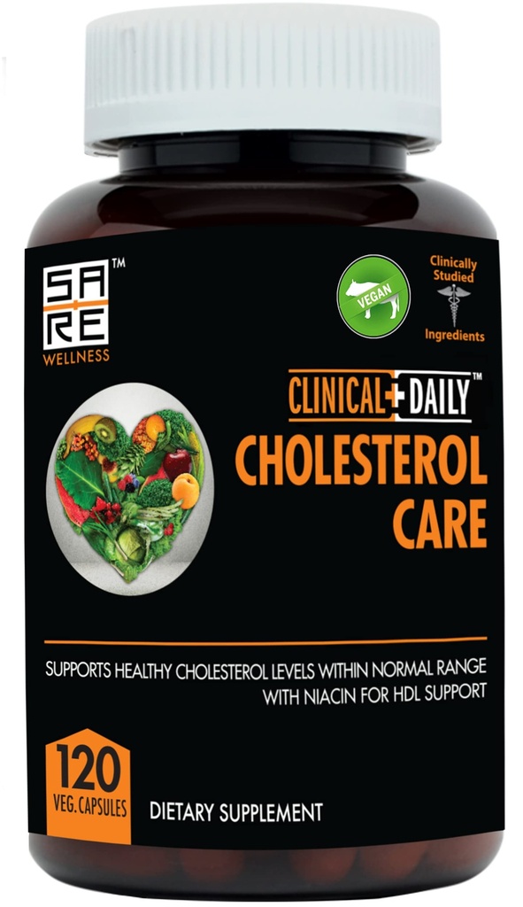 Supplément de soins cliniques quotidiens au cholestérol. Cholestérol végétalien et suppléments de triglycérides. Stérols végétaux Suppléments Cholestérol Support avec Guggul, Ail, Niacine. 120 gélules