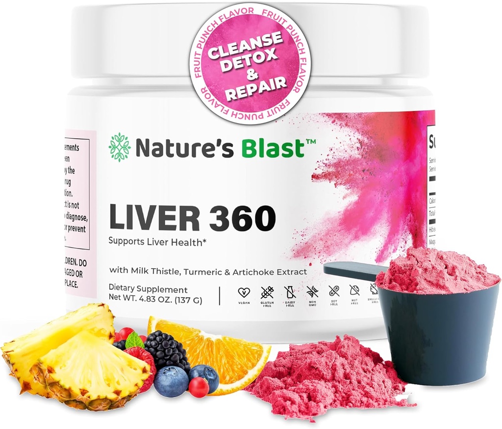 Liver 360 - Liver Cleanse Detox & Repair Powder mit Milchdistel, Turmeric & Artichoke Extract Fruit Punch Flavor – 30 Portionen