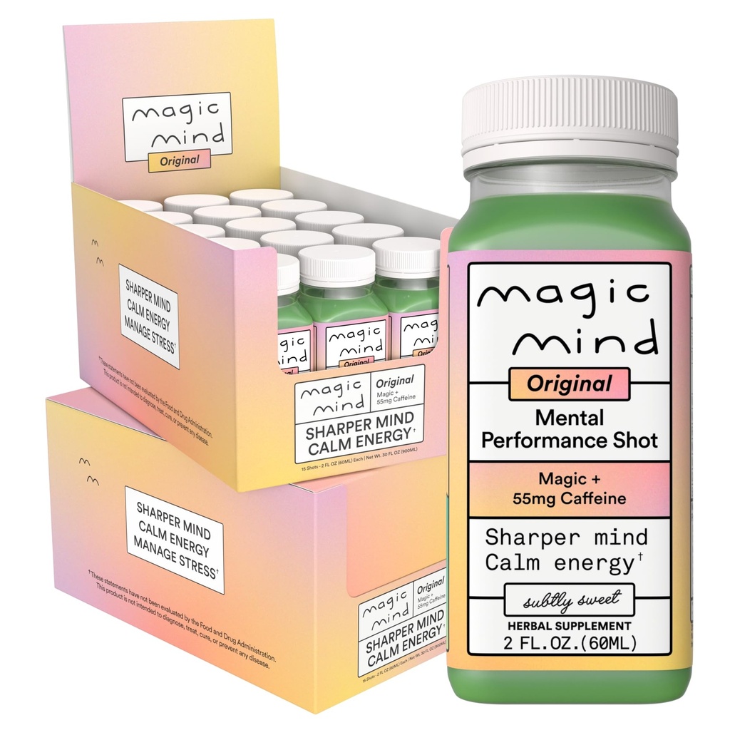 Shots de boisson énergisante de l'esprit magique - Pas de jitters, stress soulagement, Ashwagandha, champignons fonctionnels, thé vert Matcha, vitamine B12, vitamine C - 2 FL Oz (30 pack)
