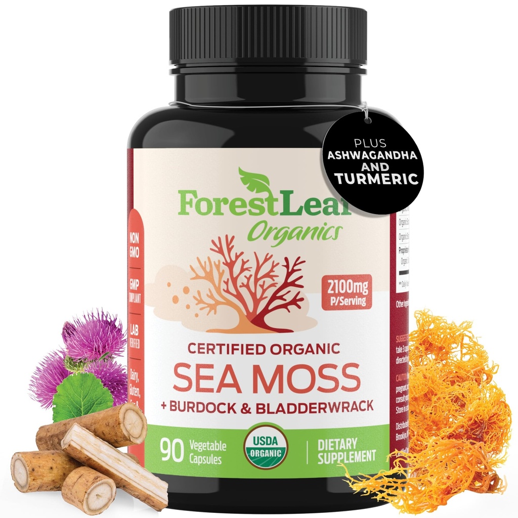 ForestLeaf Capsules de mousse de mer biologique irlandaise $ 2100mg Pilules de la mer crue Supplément avancé Superfood + Burdock, Bladderwrack pour la santé digestive, respiratoire, immunitaire $ 90 Vegan Organic Sea Moss Caps