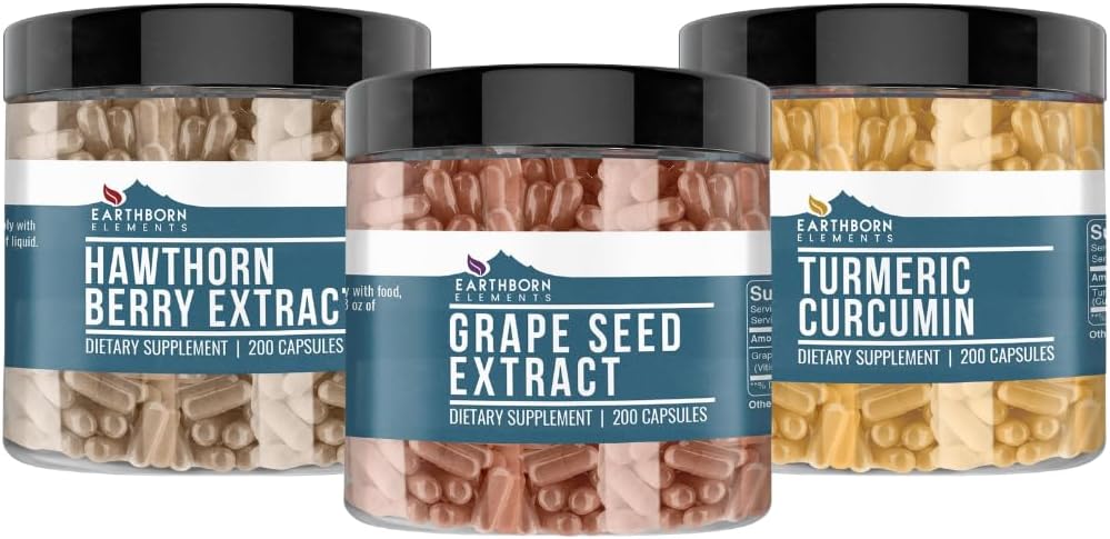 Éléments d'origine terrestre Graines de raisin, baies d'épines arbustives et curcumines curcumines (200 capsules chacune), purs et non dilués, sans additifs