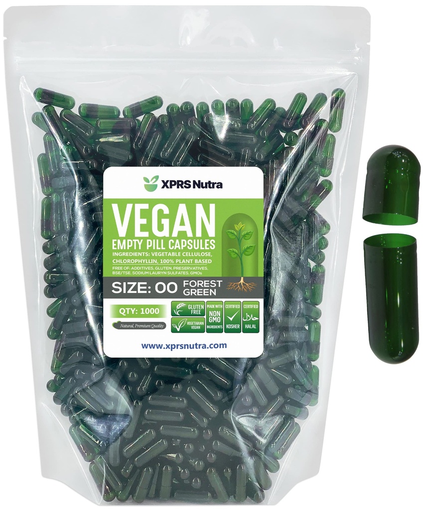 XPRS Nutra Taille 00 Capsules vides - 1000 Compte Capsules vides de végétalien - Pilules vides végétariennes - Bricolage Gélule végétale Remplissage- Caps de pilules végétariennes (vert forestier)