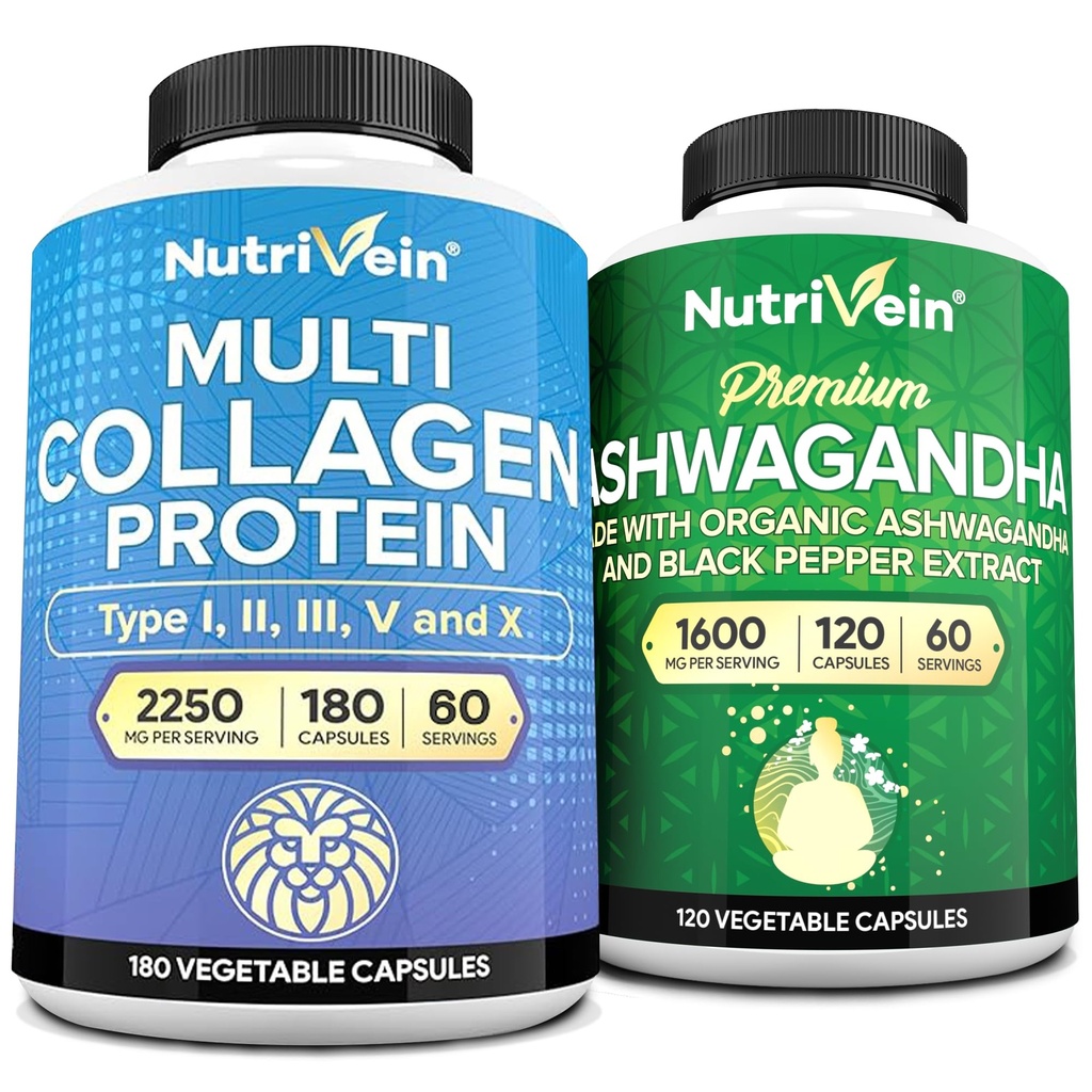 Nutrivein Premium Multi Collagen Kapseln & Ashwagandha Ergänzungen Bundle: High-Absorption Ashwagandha Root & Multi Collagen Peptide Kapseln für Körper und Geist