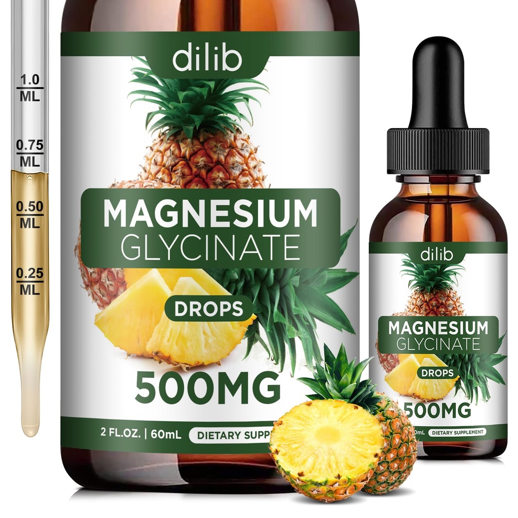 Magnesium Glycinate Supplement, Flüssiges Magnesium Glycinat Flüssigkeitstropfen 500mg-Support Stress Relief, Entspannung, Stimmung, Schlaf, Knochen & Muskel-2 Fl Oz, Vegan, Ananas Flavor