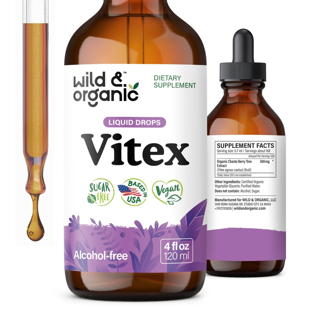 Teinture de Vitex sauvage et biologique - Supplément de Chasteberry de Vitex pour les femmes - Extrait de baies de Chaste Tree liquide pour une bonne humeur - gouttes d'herbe végétalienne, sans sucre et sans alcool - 4 fl oz