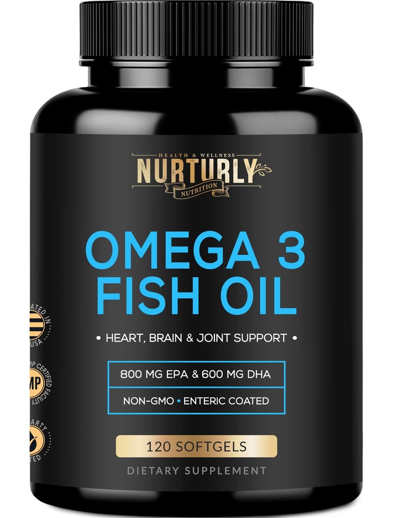 Omega 3 Huile de poisson 2000mg, 800mg EPA et 600mg DHA - Enteric Coated and Burpless - Supporte le cerveau et le cœur - Burpless, non-OGM, 3rd Party Lab testé et certifié NSF - 120 Softgels
