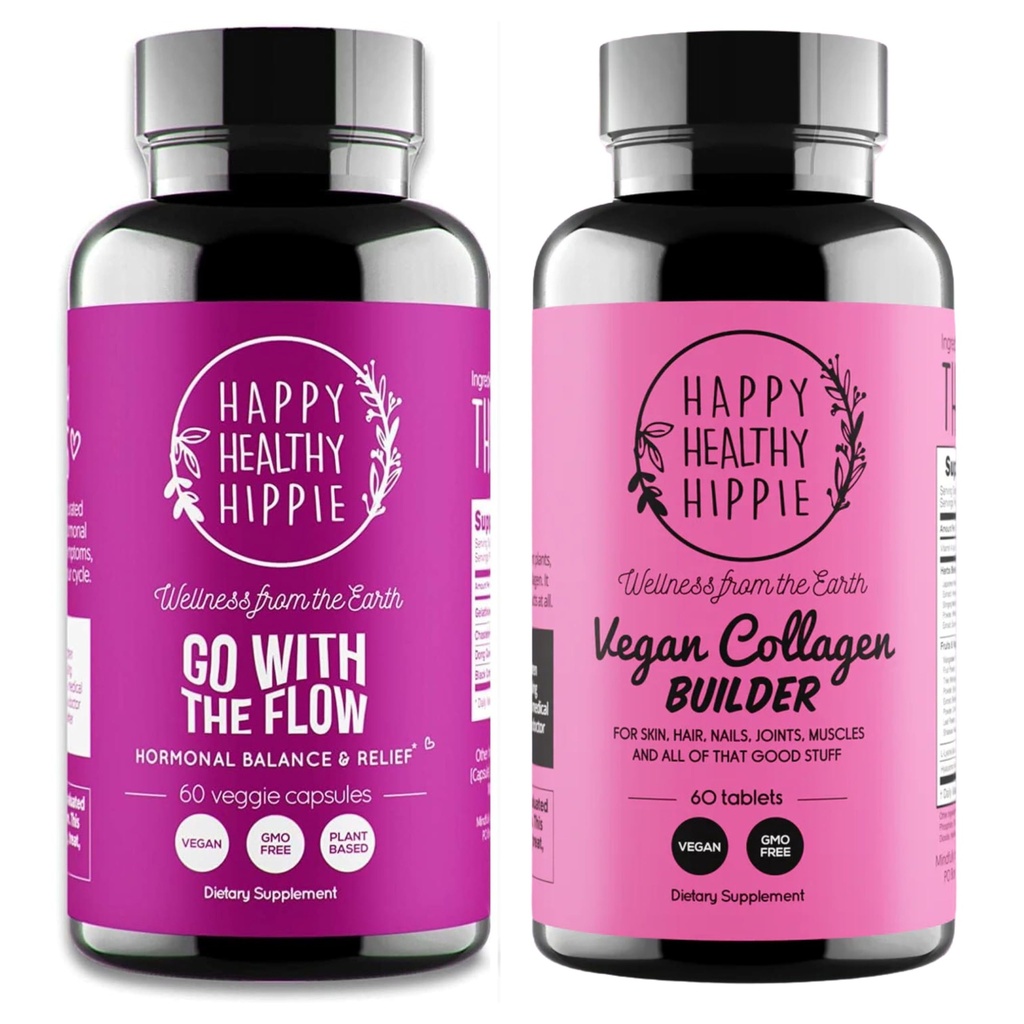 Happy Healthy Hippie Vegan Collagen Builder w/Hyaluronique Acid & Go with The Flow Hormone Balance for Women