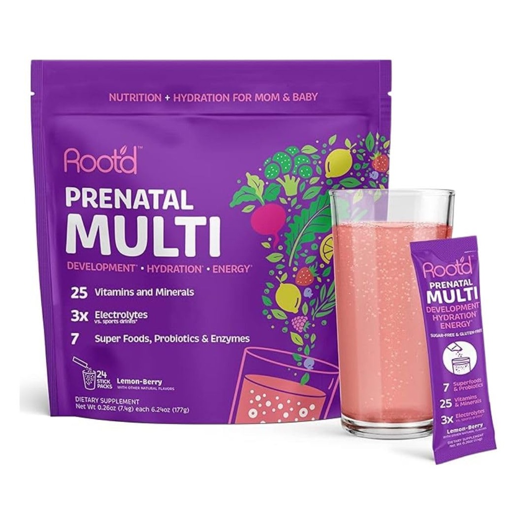 Root'd Prenatal Multivitamin Pulver mit 3X Elektrolyten - 25 Vitamine & Mineralstoffe, Folat, Eisen, Vitamin D3, 7 Superfoods & Probiotika, Sugar-Free Vitamine & Hydration | 24 Vitamin Drink Mix Packets