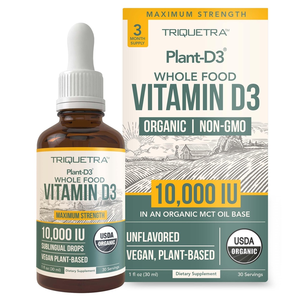 Bio Vitamin D3 10.000 IU - Pflanze D3, Vegan, Max Strength Sublingual Liquid D3 Tropfen - 200% höhere Absorption, 100% pflanzenbasierte Cholecalciferol Form & Vegan D3, einstellbare Dosierung (30 Portionen)