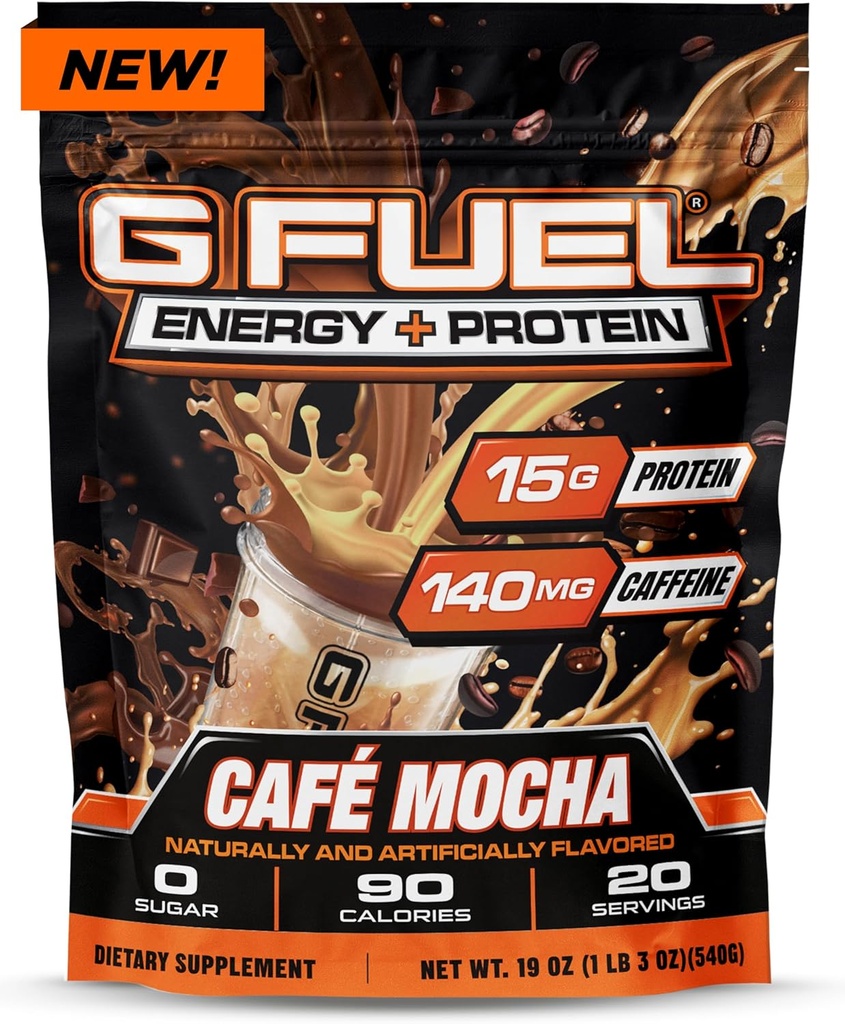 G Fuel Protein + Energy Drink Powder, Pre Workout Caffeine Mix for Gaming, Sugar Free Focus Amino, Vitamin + Antioxidantien, 19oz (Cafe Mocha, 20 Portionen)
