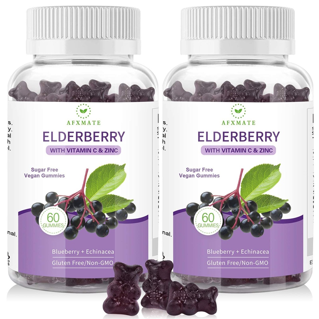 AFXMATE Sambucus Black Elderberry Gummis mit Zink und Vitamin C für Erwachsene Kinder Immununterstützung, Sugar Free 120 Counts