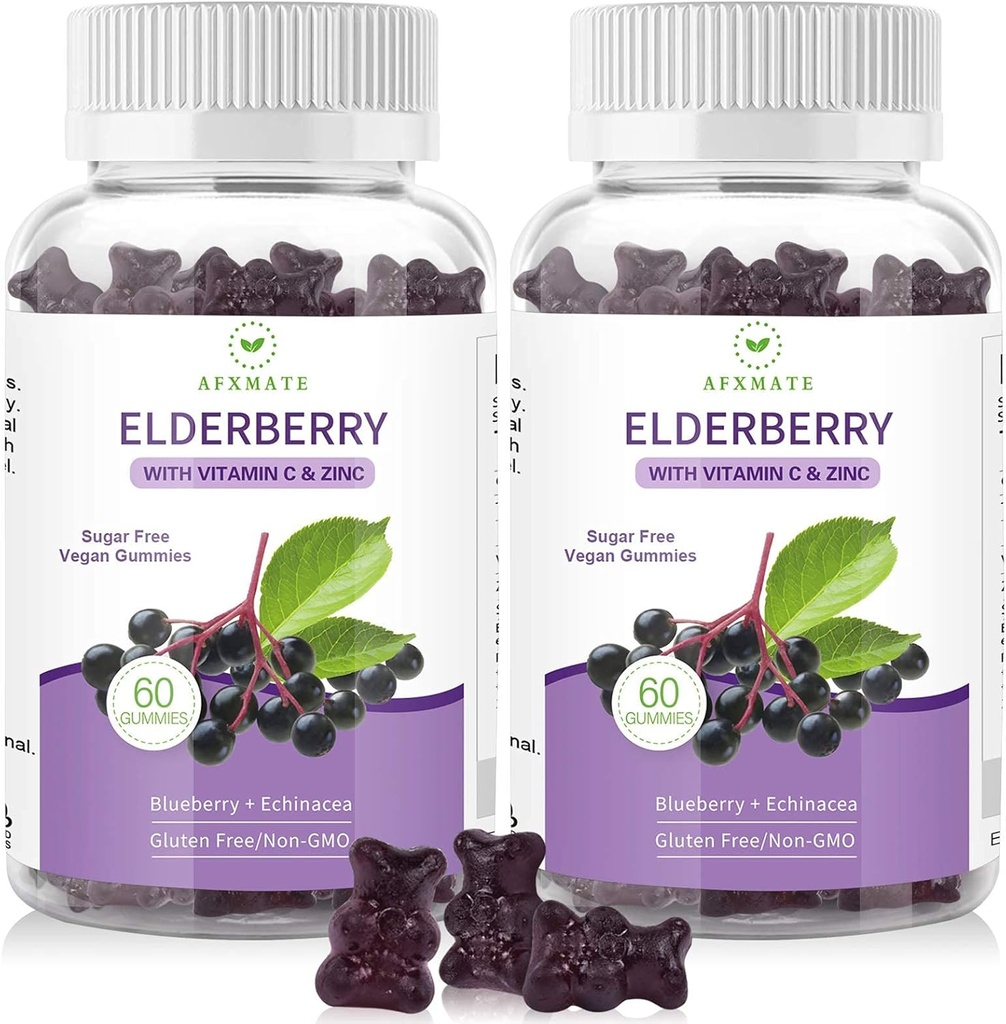 AFXMATE Sambucus Black Elderberry Gummis mit Zink und Vitamin C für Erwachsene Kinder Immununterstützung, Sugar Free 120 Counts