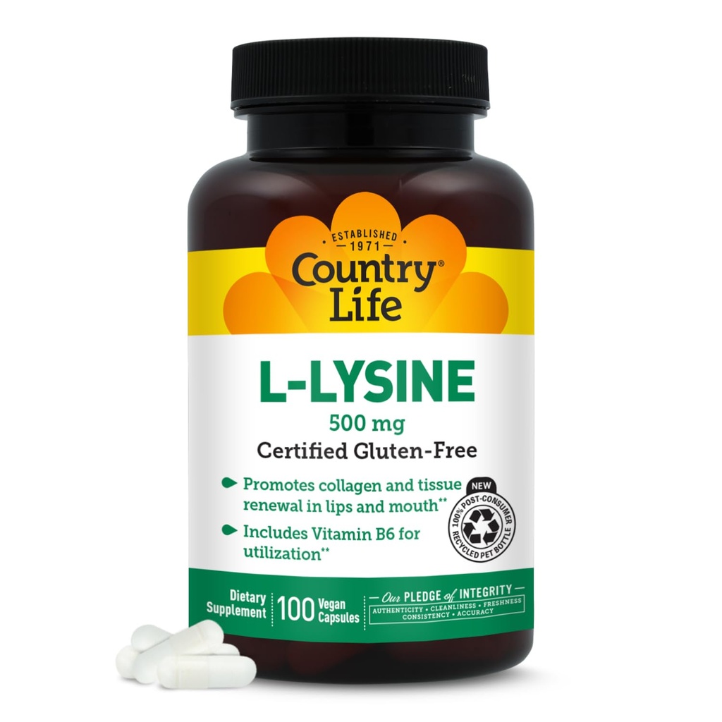 Country Life L-Lysine 500mg mit B-6, unterstützt Immungesundheit, fördert Collagen Renewal in Lips and Mouth, 100 Vegan Kapseln, Certified Gluten Free, Certified Vegan