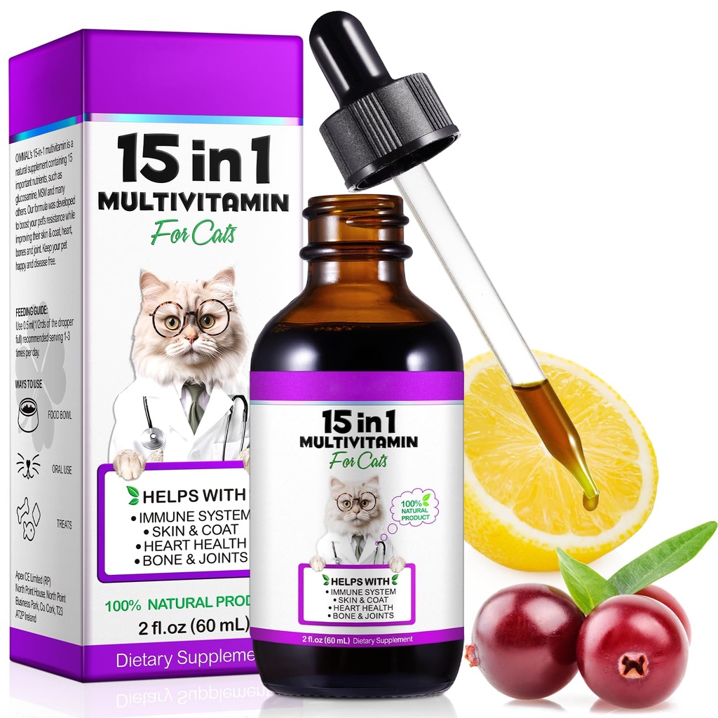 Cat Multivitamin,15 in 1 Katze Vitamine Flüssigkeitstropfen Ergänzungen für Herzgesundheit, Knochen, Gelenk, Haut und Mantel, Blase, Immunsystem Unterstützung 60ml