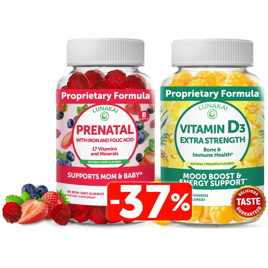 Lunakai Prenatal und Vitamin D3 Gummie Bundle - Schwangerschaft Multivitamin Gummy mit Eisen & Folsäure - Immunität, Knochen und Stimmung Unterstützung Ergänzung für Erwachsene