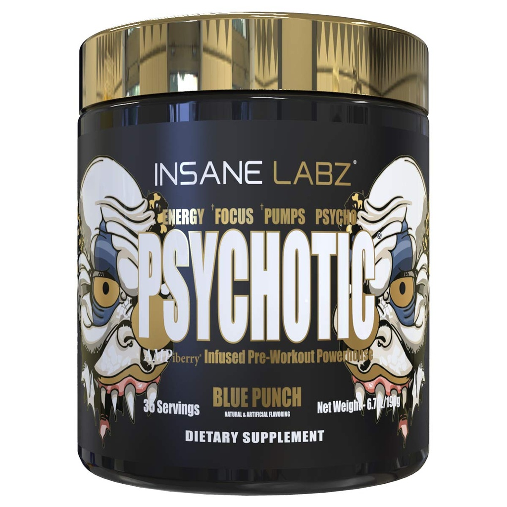 Insane Labz Psychotic Gold, High Stimulant Pre Workout Powder, Extreme Lasting Energy Focus, Pumpen und Ausdauer mit Beta Alanine, DMAE Bitartrate, NO Booster (35 Servierungen, Blue Punch)