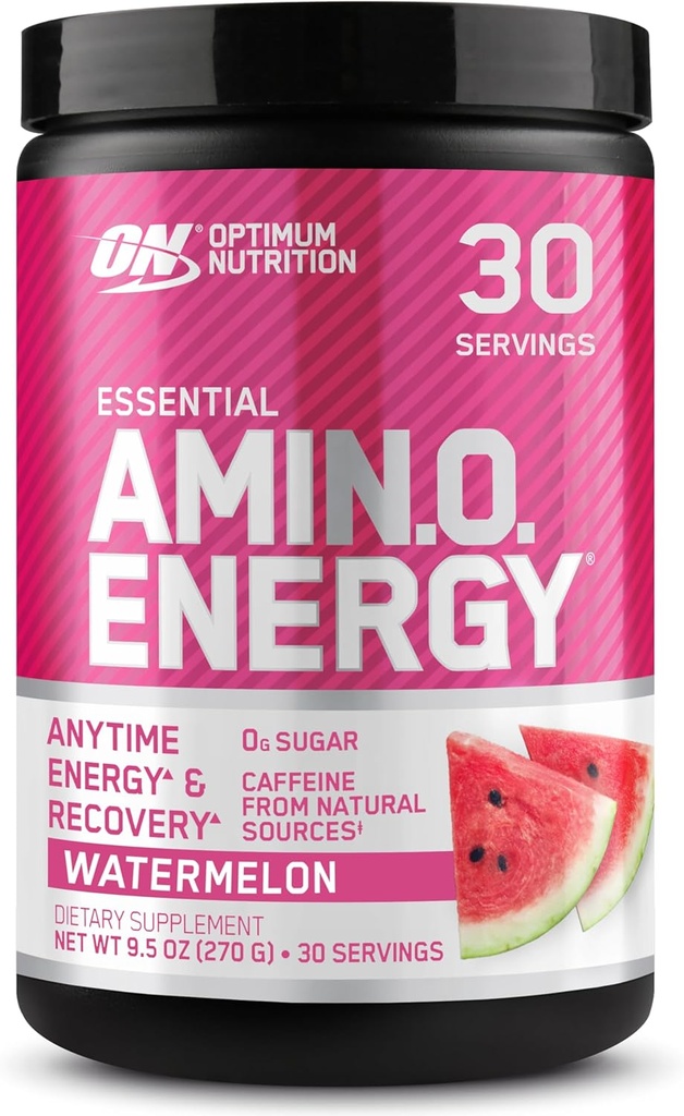 Optimum Nutrition Amino Energy - Pré-entraînement avec du thé vert, BCAA, acides aminés, Keto Friendly, extrait de café vert, poudre d'énergie - pastèque, 30 portions (paquetage mai Vary)