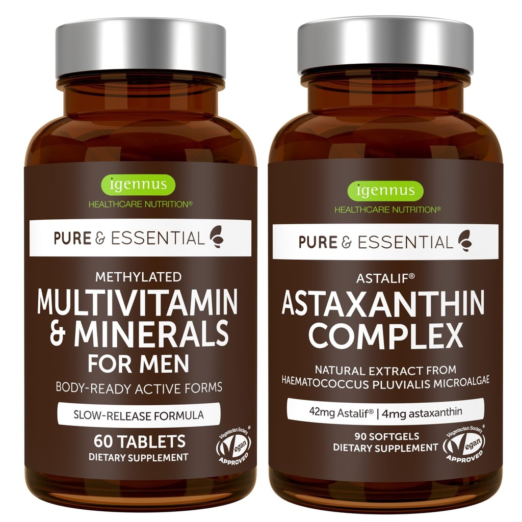 Multivitamine & Minéraux pour les hommes + Astaxanthine complexe Vegan Bundle, libération prolongée Multivitamine avancée + 4 mg H. Pluvialis Astaxanthine naturelle, par Igennus