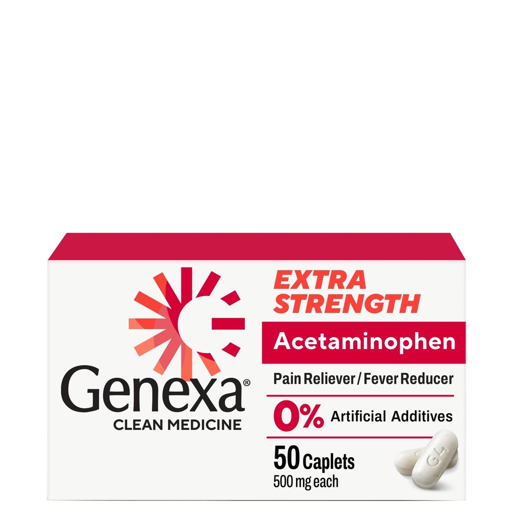 Genexa Clean Acetaminophen 500mg Extra Strength, Dye Free Pain Reliever Fever Reducer, 0% Künstliche Additive, Schmerzmedizin für Erwachsene, glaubt Kopfschmerzen, Backache, Minor Arthritis Pain, 50 Tabletten
