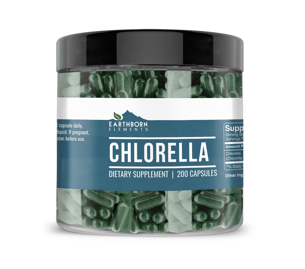 Éléments terriens Chlorella 200 Capsules, pures et non diluées, sans additifs