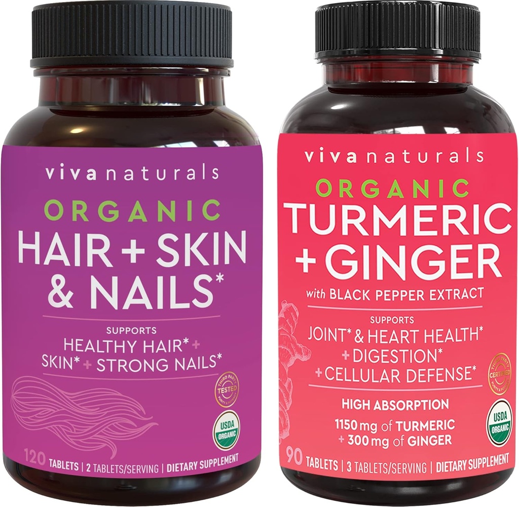 Bio-Haarhaut und Nägel Vitamine + Organische Kurkuma mit schwarzem Pfeffer & Ginger Bundle, Hergestellt mit Biotin 5000mcg für gesundes Haar, Kurkuma für natürliche Gelenkunterstützung
