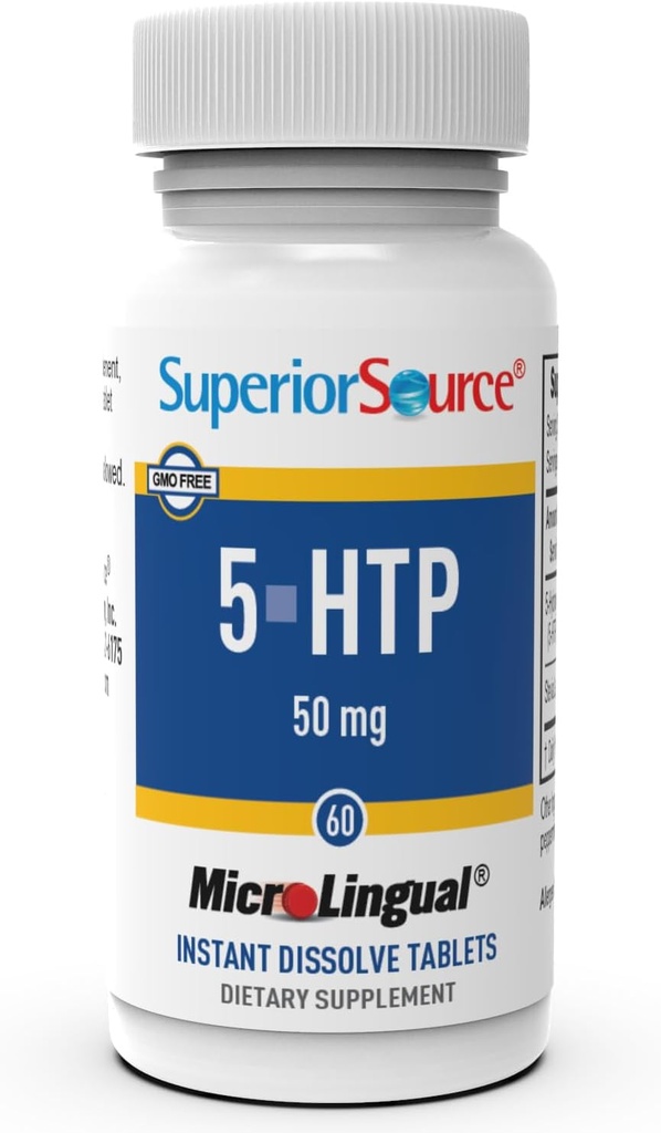 Source supérieure 5-HTP 50 mg - Supplément naturel aide à reposer le sommeil et les fonctions neurotransmetteurs - Santé du cerveau et soutien de la fonction - Supplément 5-Hydroxytryptophane - 60 comprimés à dissolution instantanée