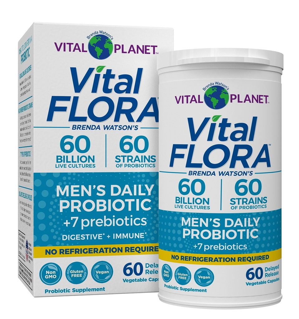 Planète Vital - Probiotiques de Flore Vital pour les hommes, 60 milliards CFU, 60 souches diverses, 7 prébiotiques organiques, Probiotique stable de la plate-forme quotidienne pour le soutien immunitaire, dégazage, santé digestive 60 capsules