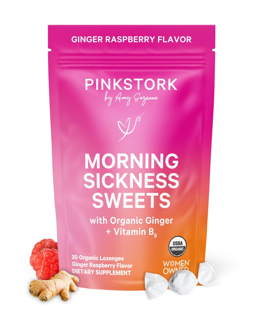 Pink Stork Morning Sickness Sweets, boîte de gingembre aux framboises biologiques avec vitamine B6, soutien de la maladie du mouvement, brûlures d'estomac prénatales - grossesse doit avoir - 30 gouttes enrobées
