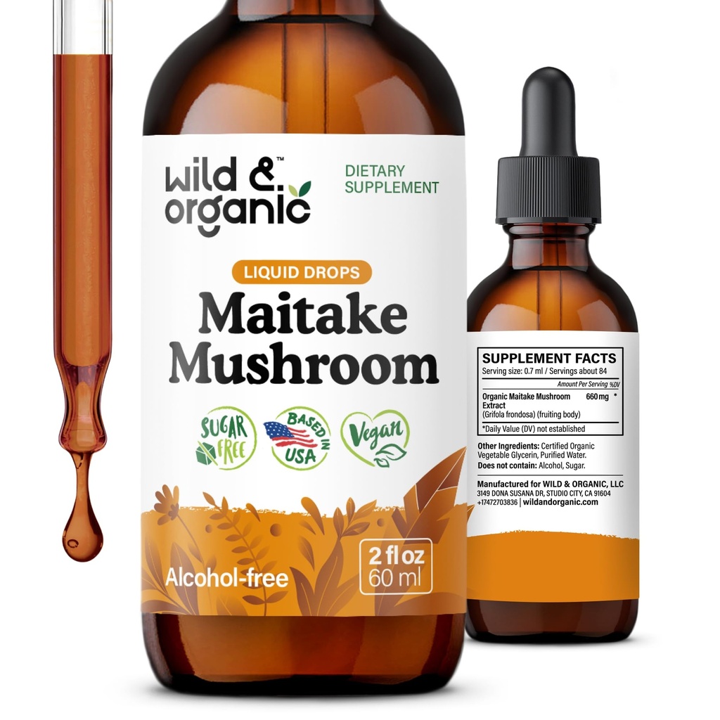 Wild & Organic Maitake Pilztropfen - Flüssige Pilz-Ergänzung für Immununterstützung - Maitake Extrakt-Tinktur - Vegan, Zucker & Alkoholfrei - 2 fl Unze
