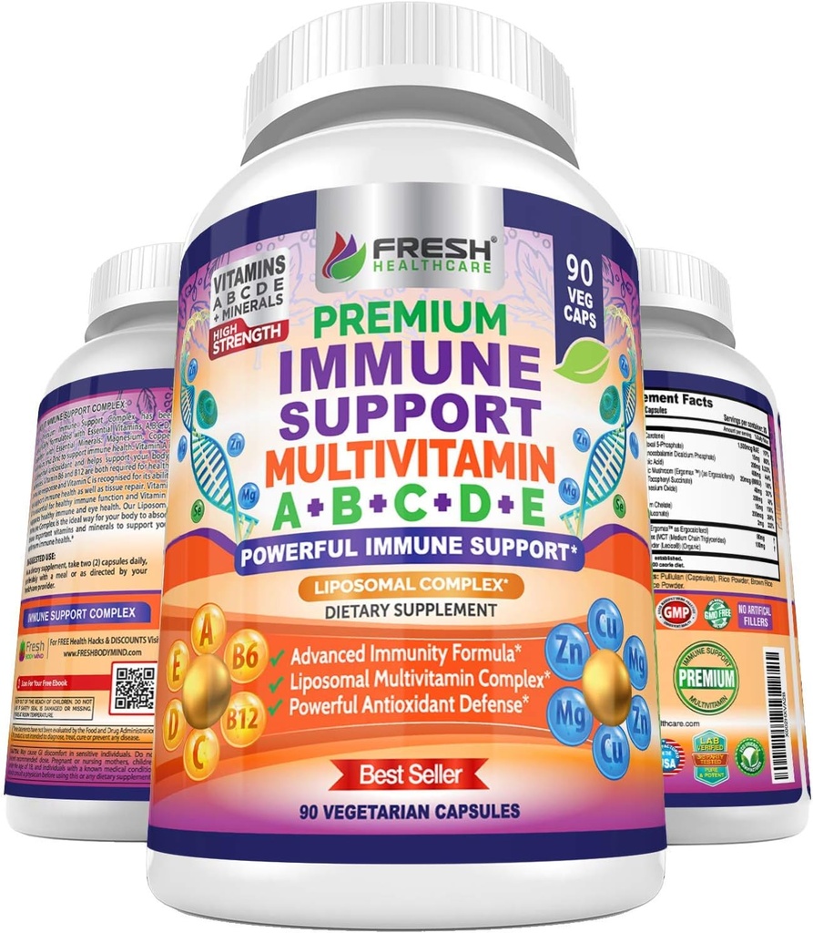 Immununterstützung Multivitamin für Männer und Frauen mit Vitaminen A, B, C, D, E, B6, B12 - Zink, Magnesium und Kupfer mit Liposomal Complex für verbesserte Absorption - Daily Antioxidant Boost - 90 Vegan Caps