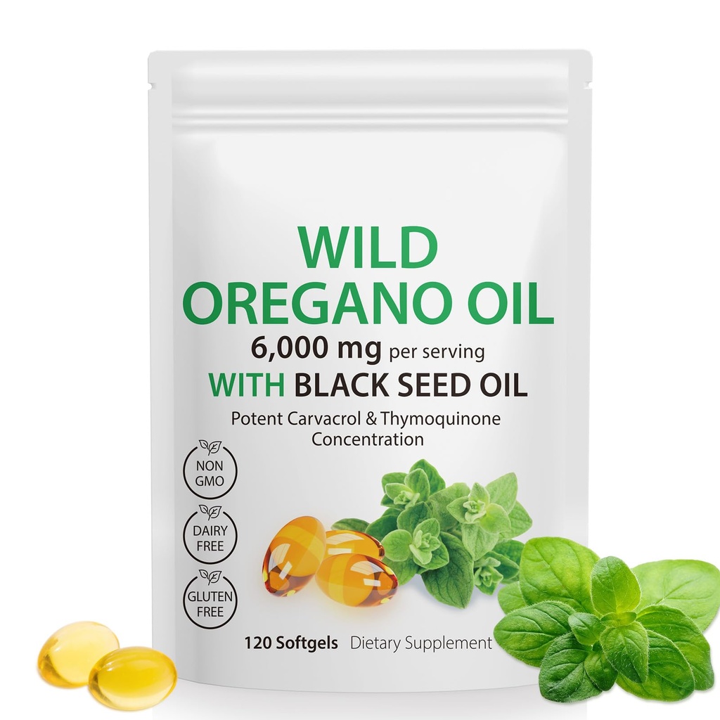 Öl von Oregano Softgels - Wild Oregano Öl 6.000mg mit schwarzem Samenöl 200mg Kapseln, 120 Zähler, Potent Carvacrol & Thymoquinone, Non-GMO, Dairy Free, Glutenfrei