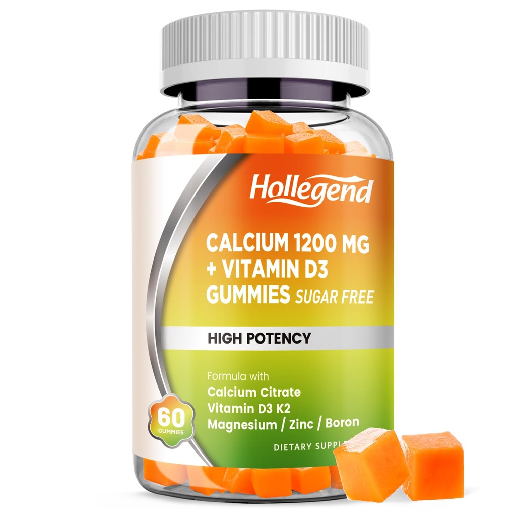 Calcium 1200 mg mit Vitamin D3 Gummi, Calcium Citrat Kaubare mit Magnesium Zink Vitamin K2 Boron, Knochengesundheit, Zuckerfrei, 60 Zähler