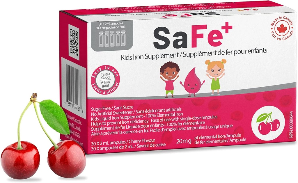 SaFe+ Flüssiges Eisen für Kinder | Große Verkostung Kirsche Flavor | Einfach zu verwenden 20mg/2mL Eisen pro Ampulle | 30 Unit-Doses (2 ml jedes) I Sugar Free & Allergen Free I Maintain Physical & Mental Wellbeing