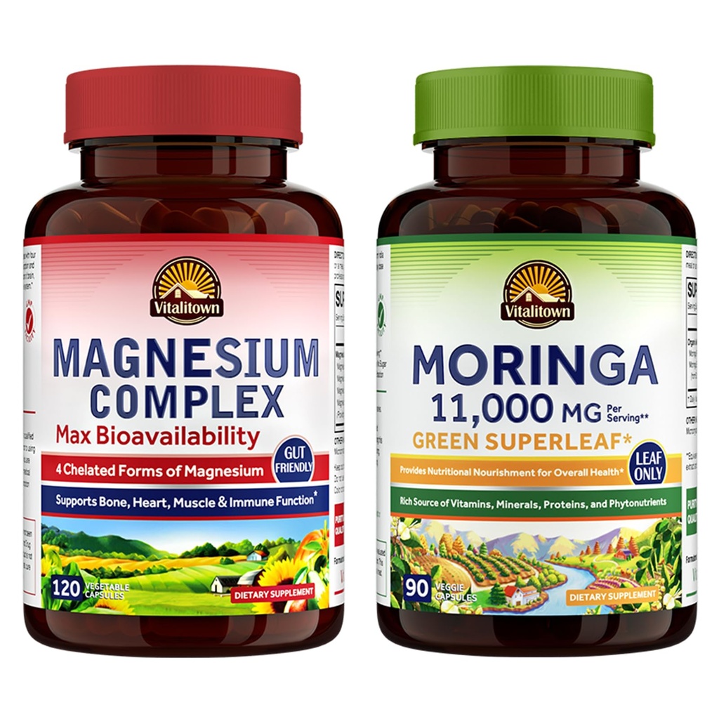 Vitalitown Magnesium + Moringa Bundle (Pack von 2) | Magnesium Complex (Item 1) & Moringa (Item 2) | 120 Magnesium Kapseln & 90 Moringa Kapseln