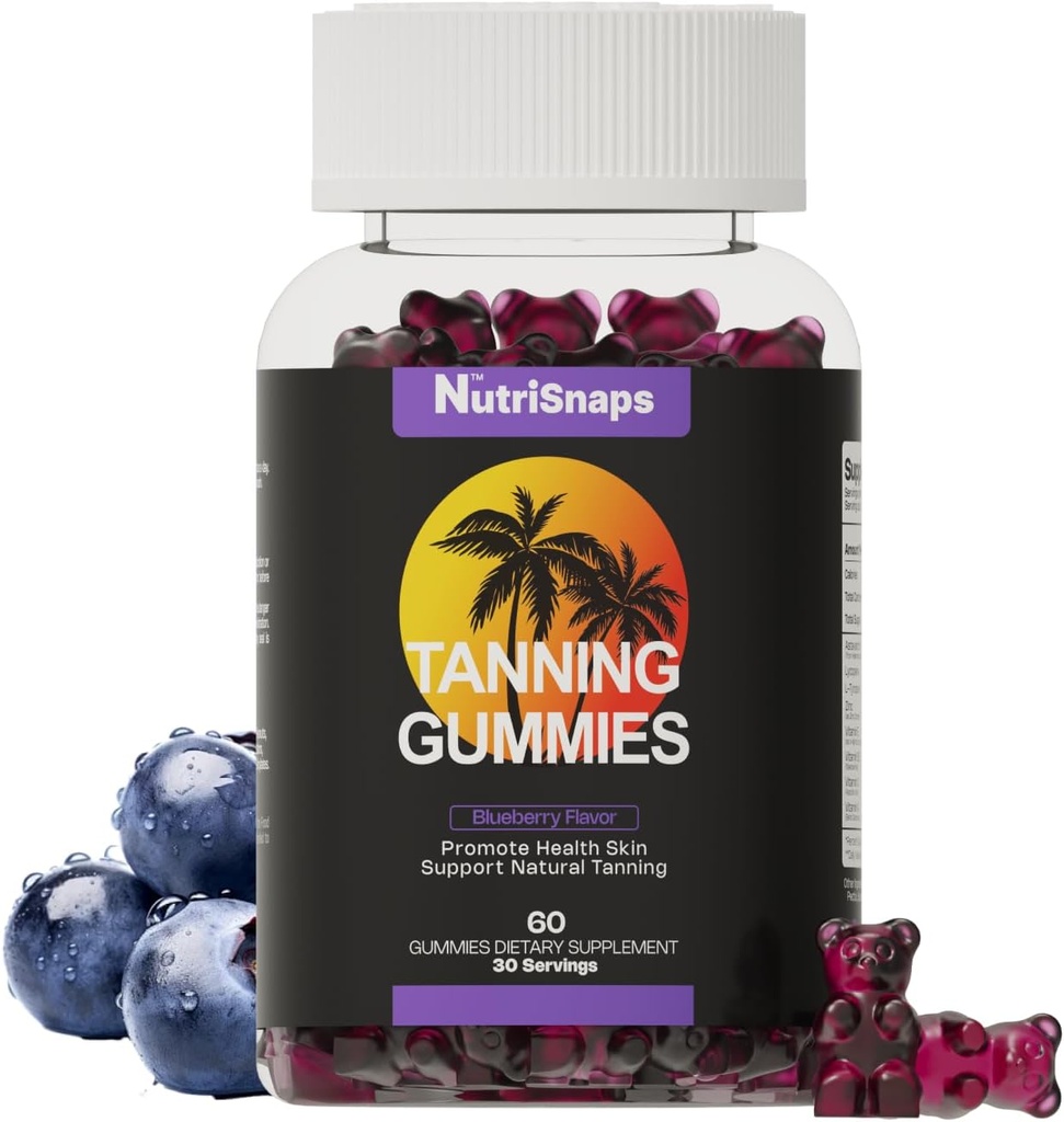 Gummies de bronzage, Supplément de bronzage pour adultes femmes et hommes, Gummies quotidiennes de bronzage pour la santé de la peau et la pigmentation, non-OGM, végétalien, saveur de bleuets, 60 Gummies