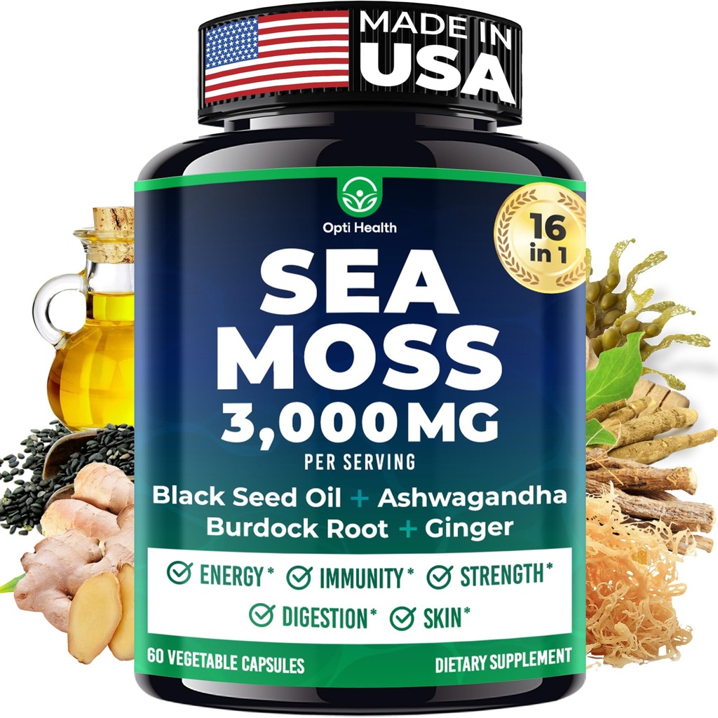 Sea Moss Black Seed Oil Ashwagandha Ginger - Advanced Irish Sea Moss Capsules All in One Supplement mit Seamoss Black Seed Oil Ashwagandha Burdock Root Bladderwrack - Pills for Energy, Immune, Gut