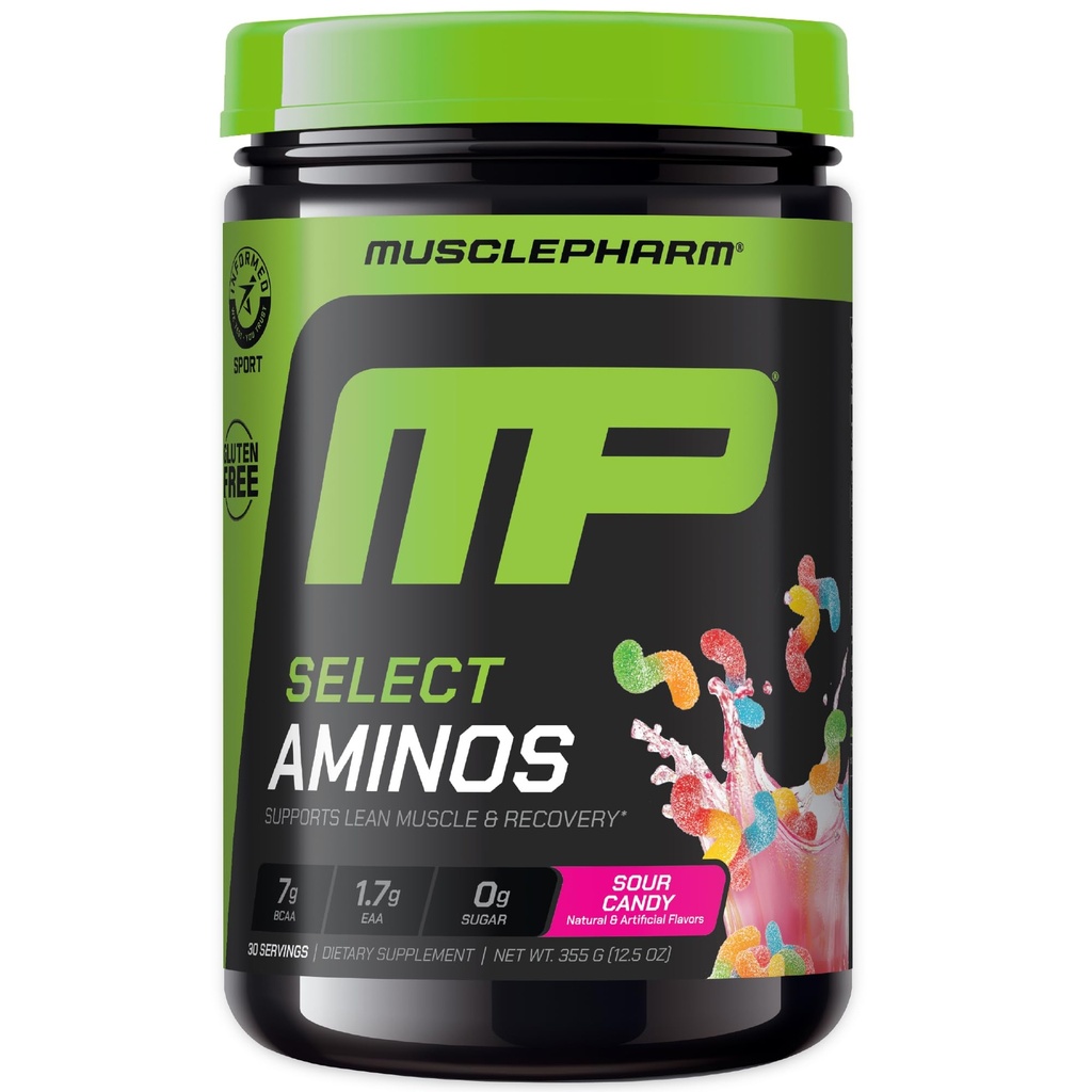 MusclePharm Select Amino's EAA + BCAAs, Post Workout Essential Amino Acids Powder, Pre Workout Energy Supplement für Männer und Frauen mit verzweigten Ketten Aminosäuren, 30 Portionen (Sour Candy)
