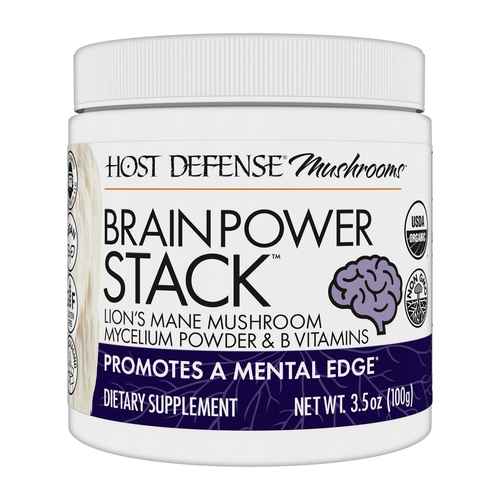 Host Defense BrainPower Stack Powder - Targeted Brain Support Supplement - Powder Mushroom Supplement mit Lion's Mane, Niacin (B3) & Vitamin B12 - Herbal Brain Support - 100g (66 Servietten)*