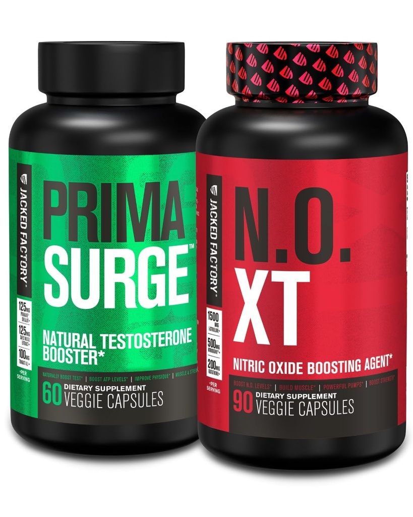 Booster de testostérone pour hommes Jacked Factory PRIMASURGE (60 capsules) & N.O. XT Supplément à l'oxyde nitrique (90 capsules) pour la croissance musculaire, les pompes et l'énergie