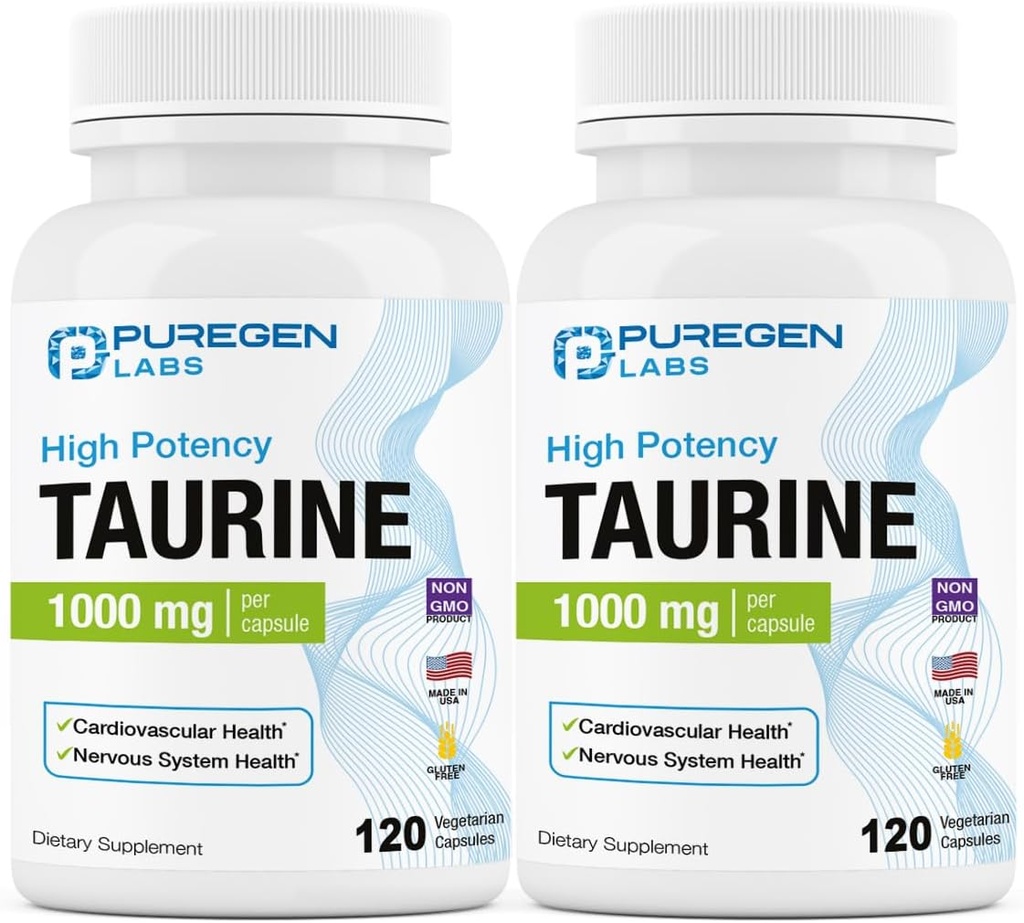 Puregen Labs Taurine 1000mg [High Potency] Insgesamt 240 Veg Kapseln | Keine schädlichen Zusatzstoffe | Non-GMO, NO Gluten und Dairy, Unterstützt Herzgesundheit und Muskelrückgewinnung | Made in USA