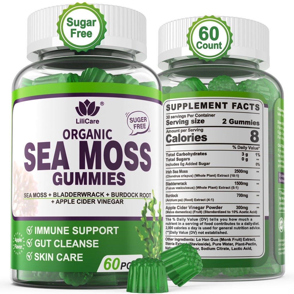 Sea Moss Gummis - Irish Sea Moss Gummis für Erwachsene & Kinder - Advanced Superfood Seamoss Supplement mit Bio Bladderwrack & Burdock Root Extract,ACV für Tagesimmun, Gut Cleanse, Vegan, 60 Zähler
