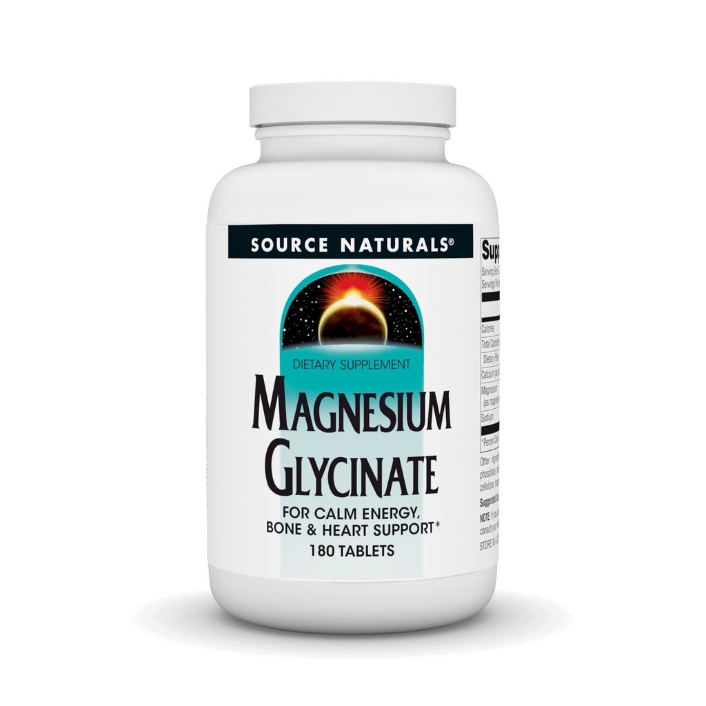 Source Naturals Magnésium Glycinate, Chélaté pour une absorption élevée pour l'énergie calme, les os et le soutien cardiaque*, 200 mg par portion - 180 comprimés