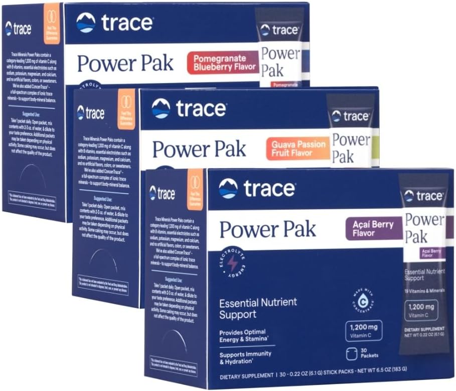 Trace Minerals Power Pak Multivitamin und Multimineral Packets - Elektrolytunterstützung - 1200 mg Vitamin C Plus 70 Acai Berry, Blueberry Pomegranate und Guava Sorte - 90 Packets