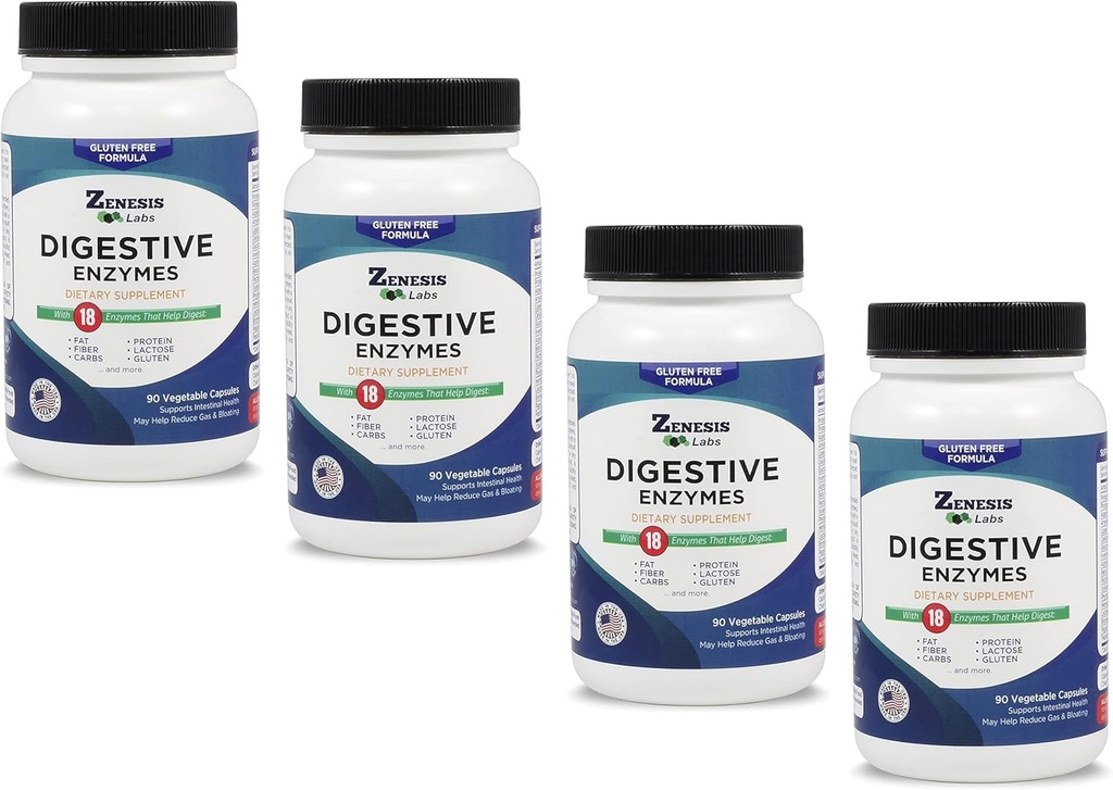 Zenesis Labs Verdauungsenzyme - mit Amylase, Bromelain, Protease, Lipase & 14 weitere Enzyme Bulk 360 Kapselversorgung (4 Flaschensatz - 90 Kapseln/Bottle)