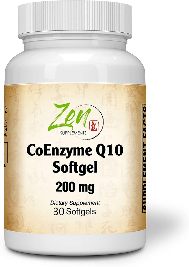 Zen Supplements CoEnzyme Q10 200mg - Coq 10 in Vitamin E Oil - Antioxidantienunterstützung, Herzgesundheit, Energie, Gesunde Cholesterin - Non-GMO & Gluten Free 30-Softgel