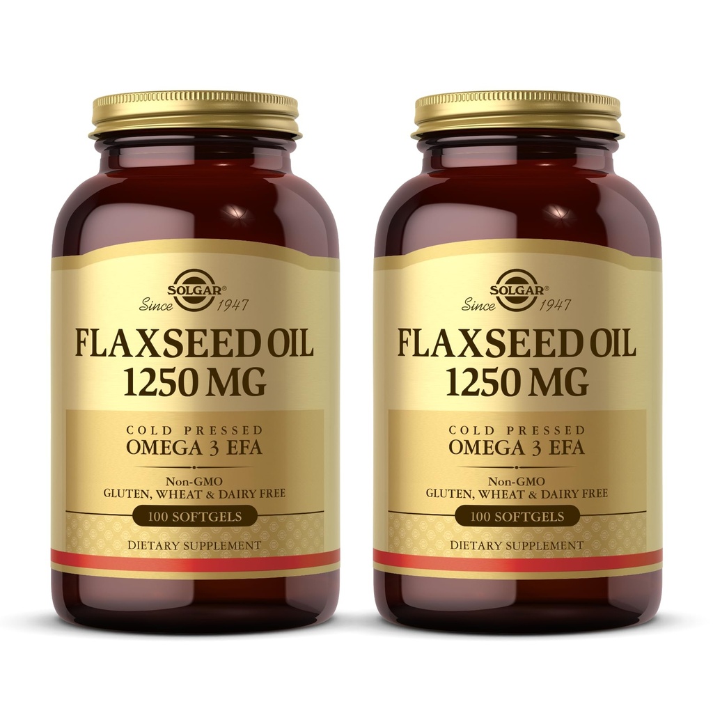 Solgar Flaxseed Oil 1250 mg - 100 Softgels, Paket von 2 - Konzentrierte Pflanzenquelle von Omega-3 Alpha-Linolsäure (ALA) - Non-GMO, Glutenfrei - 100 Gesamt Servietten