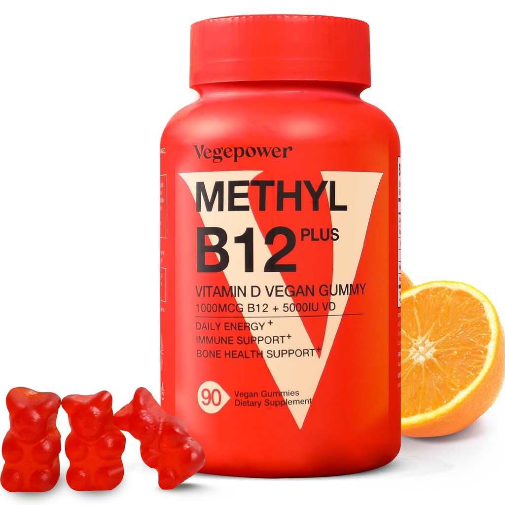 Vitamine B12 D3 Gommies véganes - 90 Comte I 1000 MCG Méthyl B12 & 5000 UI Vitamine D Suppléments à croquer pour adultes et enfants - Santé immunitaire et stimulation énergétique quotidienne - Non-OGM, Orange