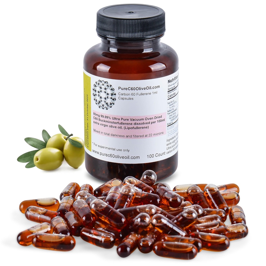 PureC60OliveOil C60 Bio Olivenöl Kapseln Pillen 100ml / 3.4 Fl Oz - 99,99% Carbon 60 Solvent Free 80mg - Food Grade - Carbon 60 Olivenöl - Von der führenden globalen Produzent