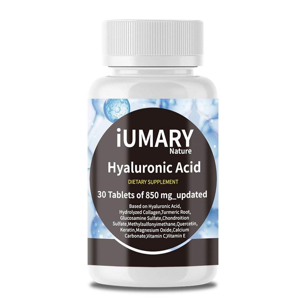 Suppléments d'acide hyaluronique, 850mg Acide hyaluronique diététique à haute biodisponibilité - Support articulaire avancé avec collagène hydrolysé, curcuma, Glu-cosamine, MSM, vitamine C – 30 comprimés (paquet de 1)